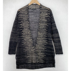 EILEEN FISHER Cardigan S Washable Wool Linen Blurred Stripes Open Front Black
